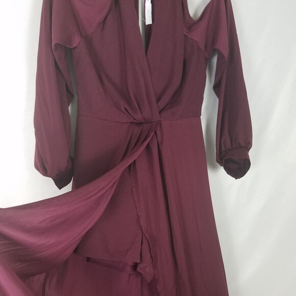 Lush Romper Dress Womens Small Burgundy Bishop Sleeve Cold‎ Shoulder Surplice - Picture 2 of 16